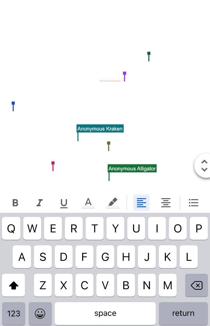 Screenshot of shared google doc with active cursors, writing in white ink on a white backdrop